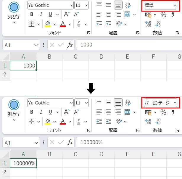 表示形式をパーセンテージに変更した見本