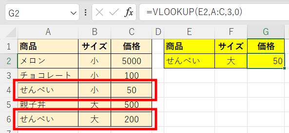 重複する値はVLOOKUP関数で一番上のものが返される