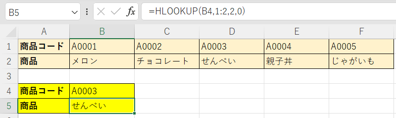HLOOKUP関数の使用例
