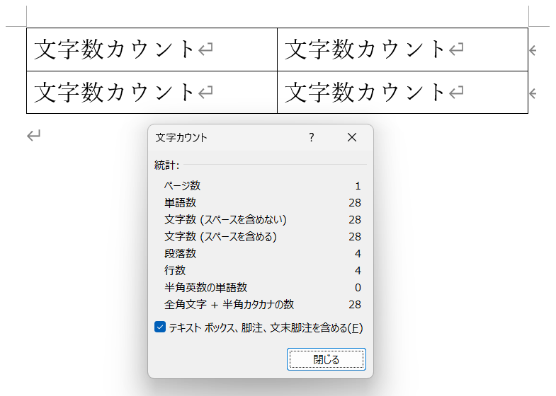 表内の文字数カウント