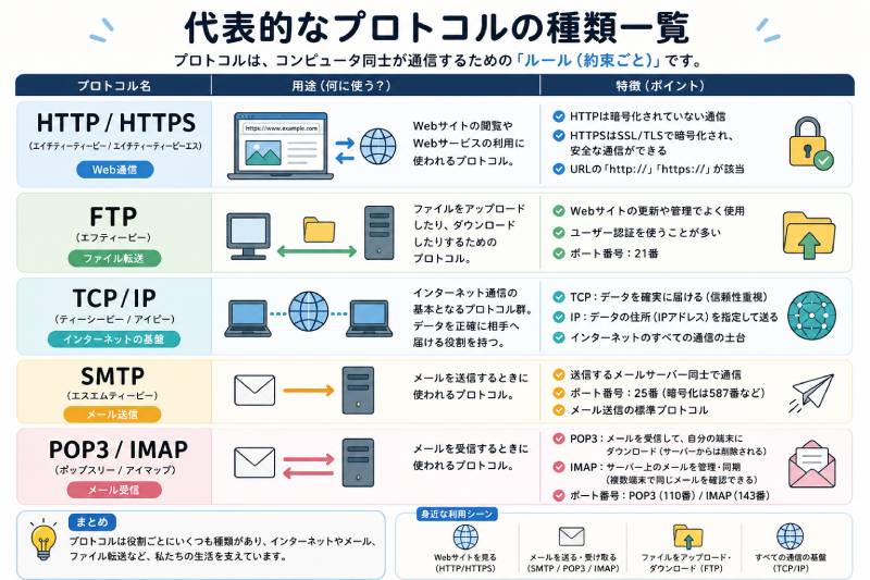 代表的なプロトコルの種類一覧